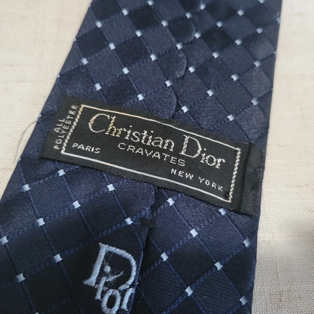 Christian Dior Cravates Monogram Tie Navy Blue Vintage Dots Fredericks & Nelson